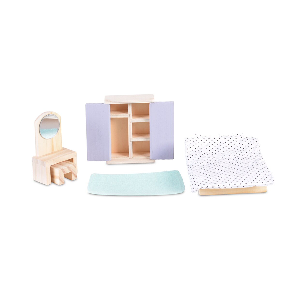 Moni Holz-Puppenmöbel Schlafzimmer 4012 Bett Schrank Schminktisch Stuhl Zubehör bunt