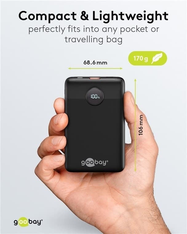 Goobay Powerbank kompakt 10.000 mAh praktisk och platsbesparande design med 10.000 mAh, perfekt för resor