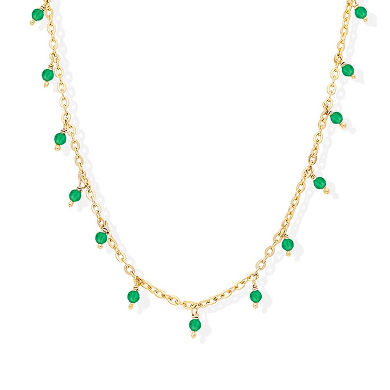 Collier Argent Doré Petites Gouttes Perles Pierre Onyx Vert