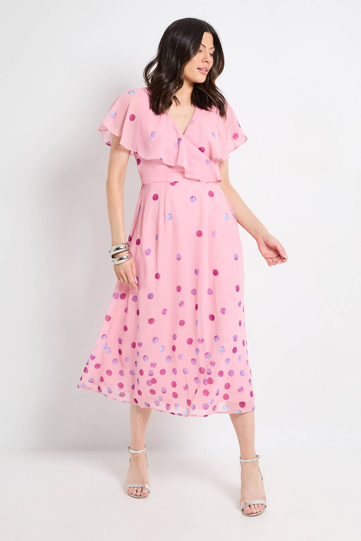 Wallis Robe Midi À Manches Cape Et Bordure À Pois