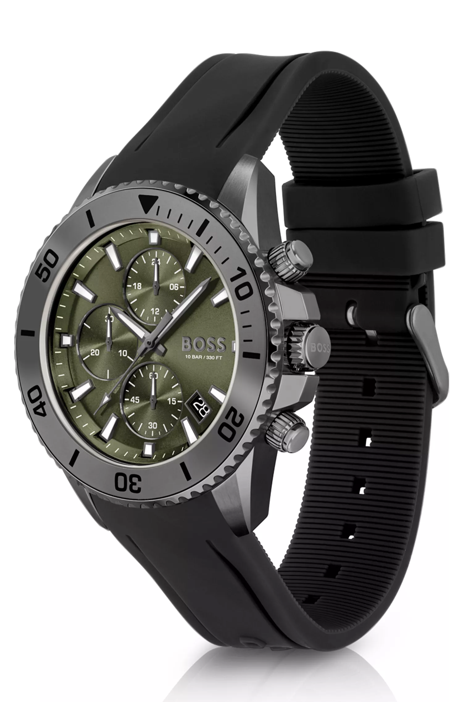 Relógio cronógrafo BOSS com pulseira de silicone preta e mostrador verde-oliva.