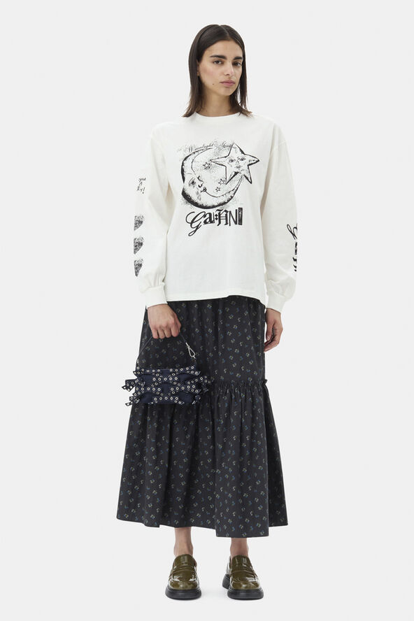 Ganni Printed Cotton Smock Maxi Skirt Phantom