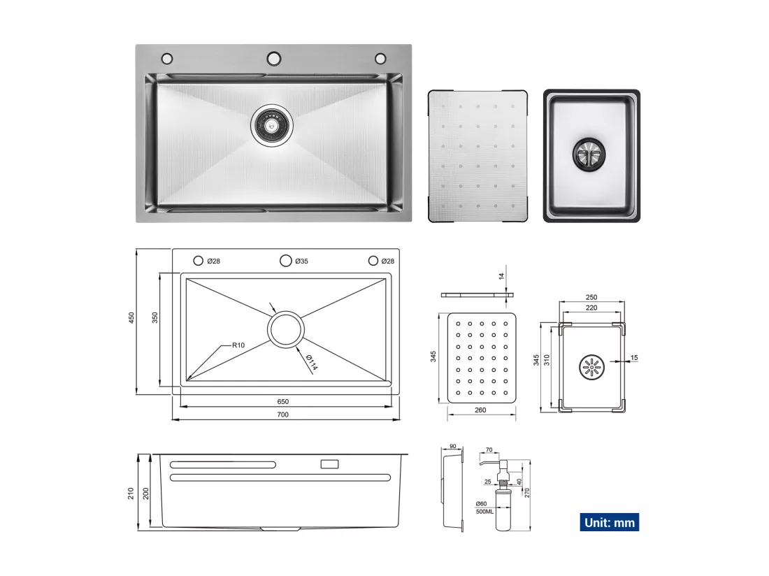 Cecipa max Évier de Cuisine 1 Cuve 70×45cm + Egouttoir + Vasque + Distributeur de Savon, Évier 1 Bac Évier Inox Grande Capacité (Argent),EU Modèle