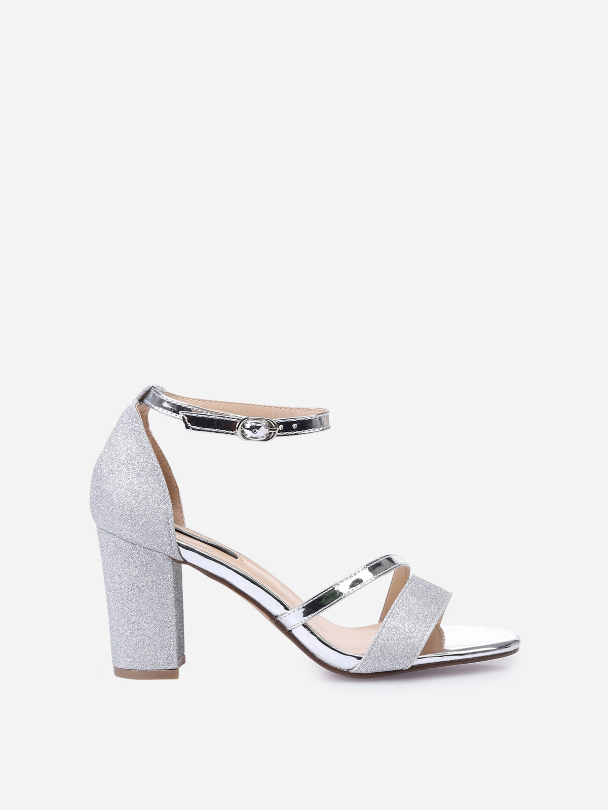 Sandales à talon scintillantes avec brides vernies- Argenté