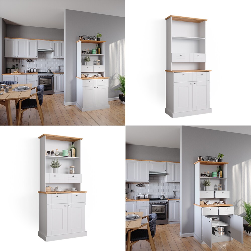 Vicco Küchenvitrine Kommode Küchenregal Bergamo Weiß Eiche Küchen Schrank 83x84 cm Vintage Ablage Schublade Schranktür Anrichte Küchenmöbel