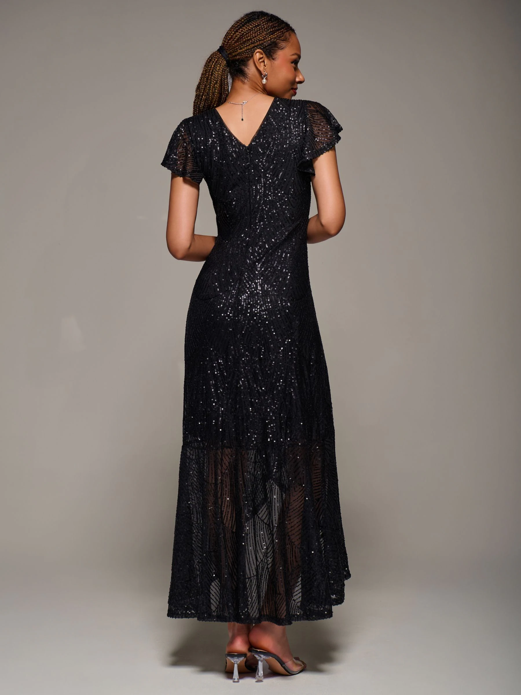 Jolie Moi Frill Short Sleeve Sequin Maxi Dress