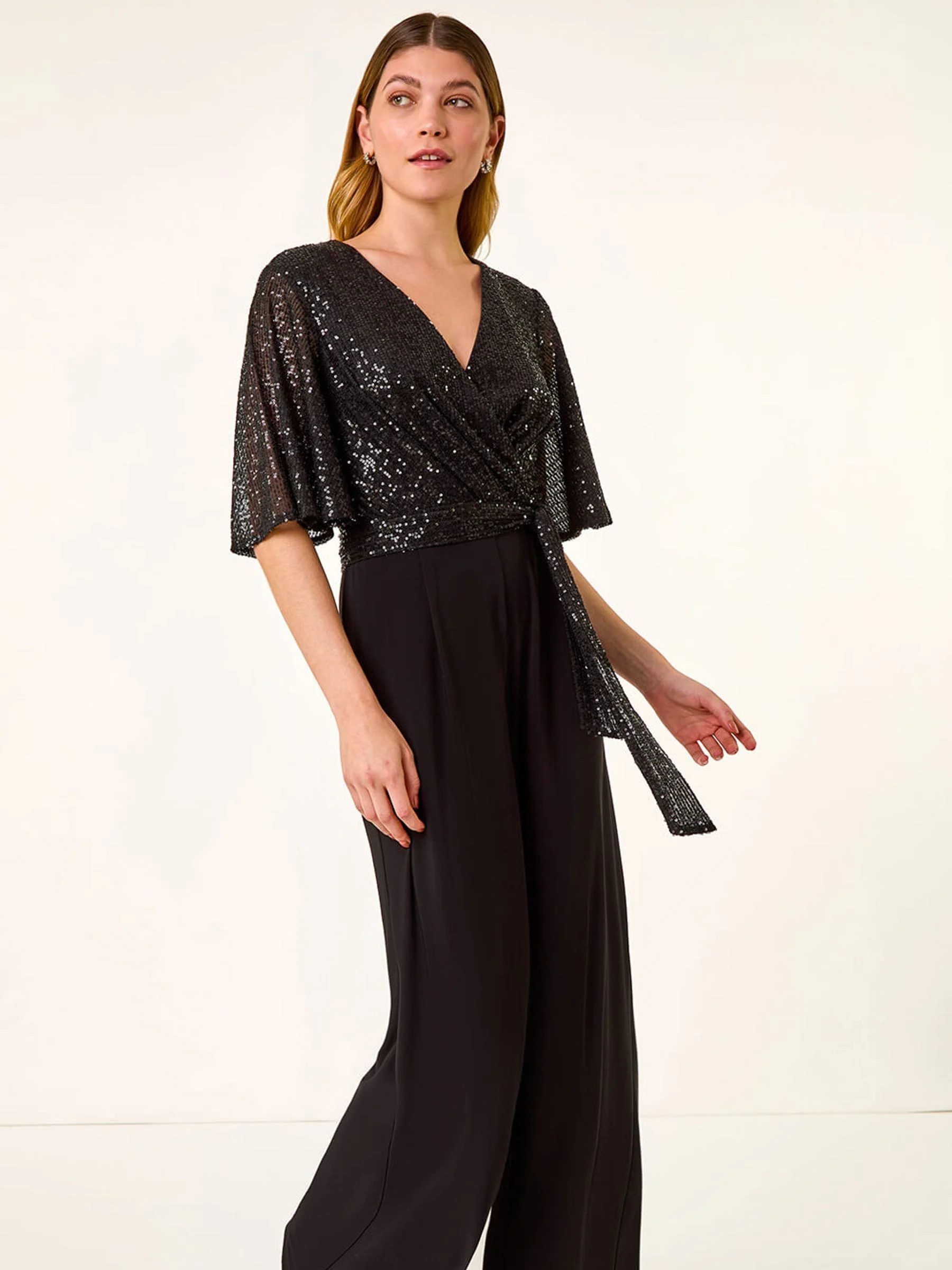 Roman Sequin Flutter Sleeve Stretch Jumpsuit