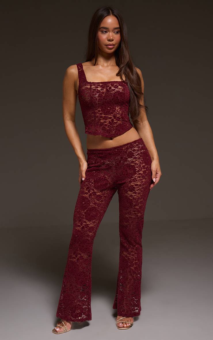 Dark Wine Ensemble Coordonné Dentelle Taille Mi-haute Évasé Skinny