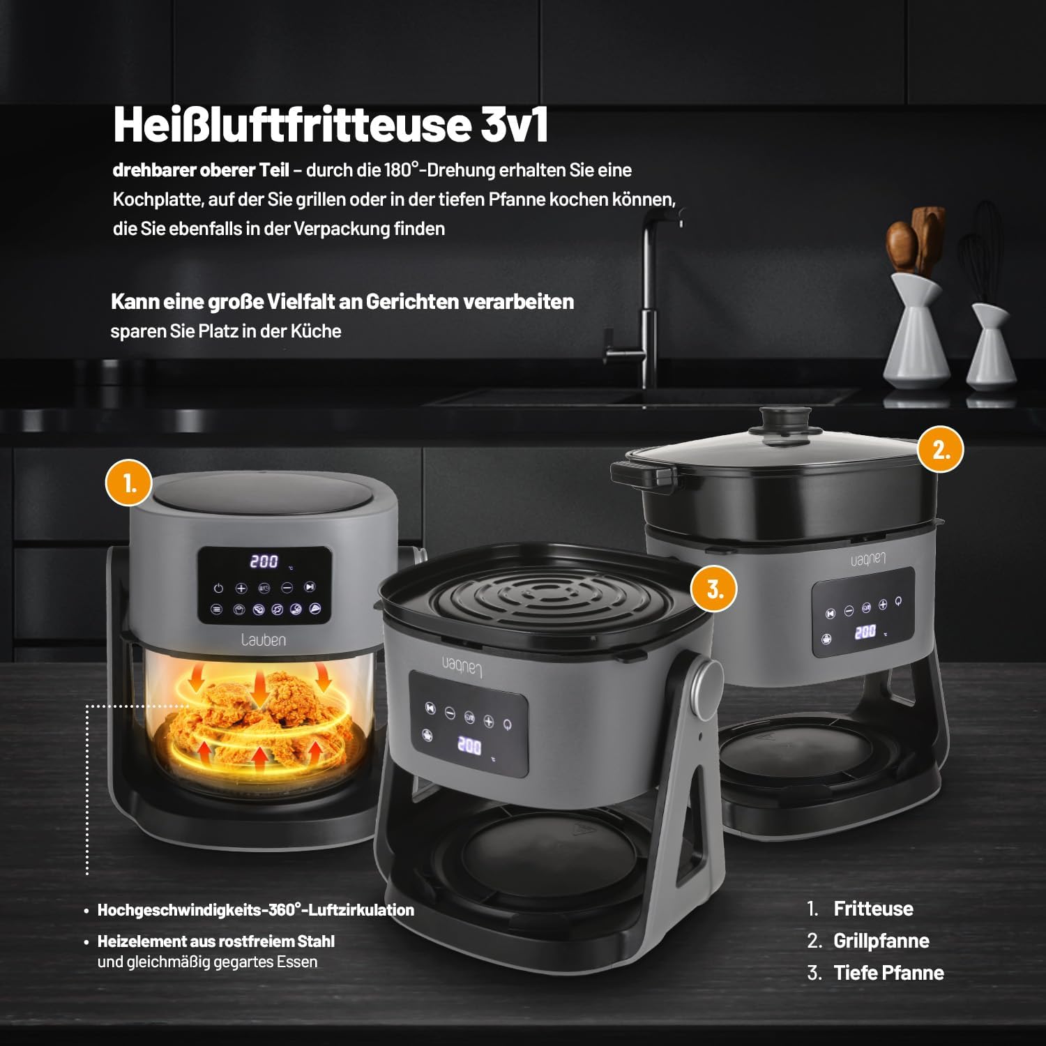 Lauben Glass&Grill Air Fryer 3in15500BG Heißluftfritteuse mit Inhalt 4,2l, Frittierkorb aus Glas, 6 Programme + Manuelles Einstellen, 3in1 - kann als Grill und Bratpfanne verwendet werden, PFOA free