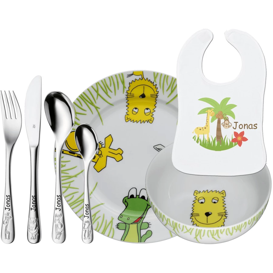 Schnullireich Geschenkset mit Namen Safari: WMF Kinderbesteck + TellerSchale+ Lätzchen 7-Teilig Silber