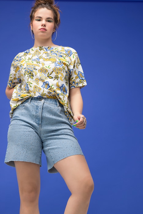 Jeans-Shorts, Wide Legs, High Waist, Ziersteinchen, Destroy-Effekte, 5-Pocket, Elastikbund,