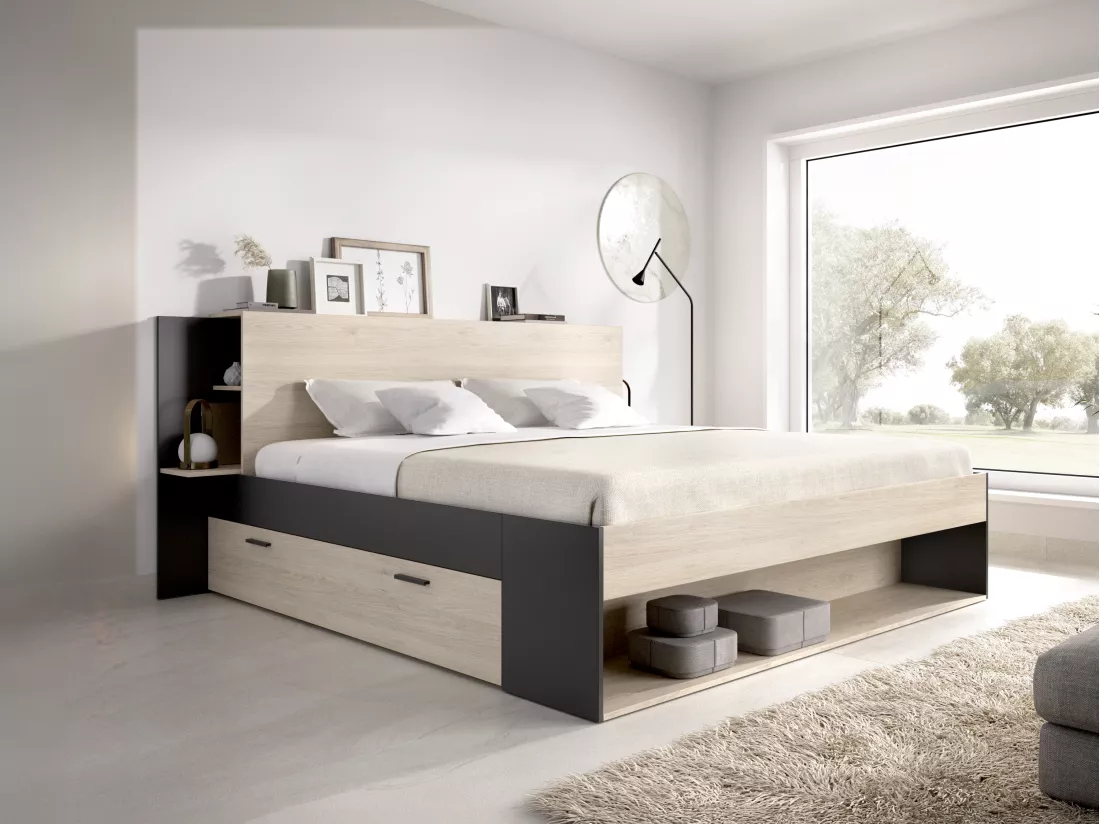 Lit 140 x 190 cm avec rangements - Coloris : Naturel et noir - KEROSIA