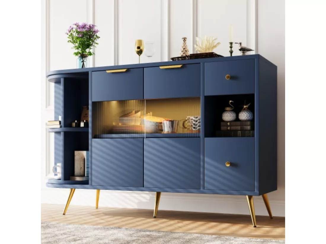 Buffet en bois éclairé par led - portes coulissantes en verre, bleu,d130cm×h80cm