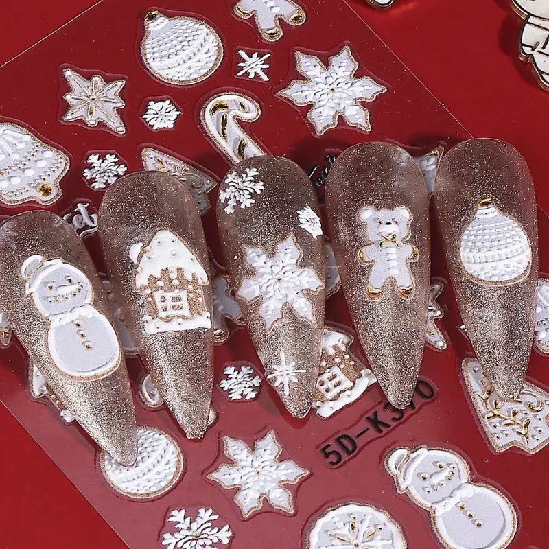 (54-tlg. Set) 5D Nagel Sticker Nail Art Tattoo Selbstklebende Aufkleber Weihnachten - Gold / Weiss
