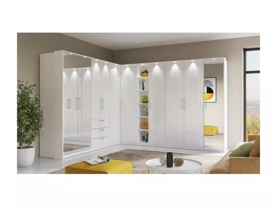 Dressing d'angle MODULO – Blanc brillant – LED & étagères inclus – Configuration personnalisable