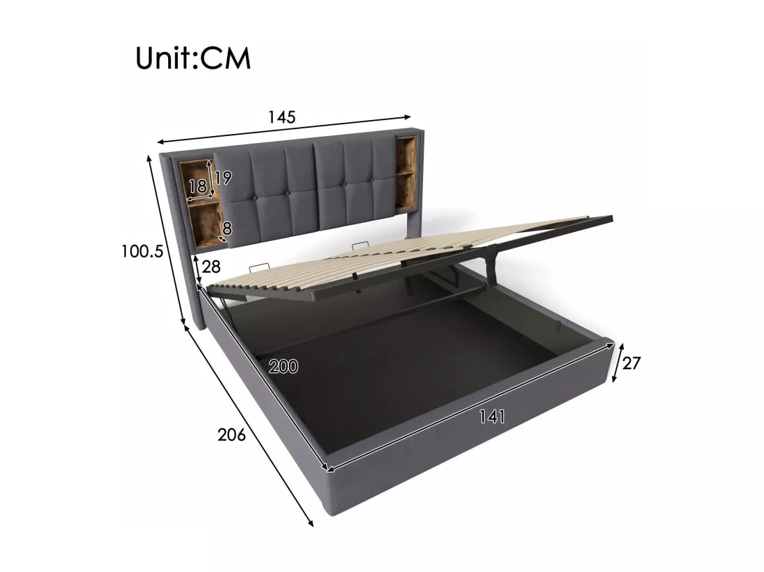 Lit coffre rembourré en coton 2 place, 140x200cm, avec charge sans fil USB et 4 tiroirs, Gris