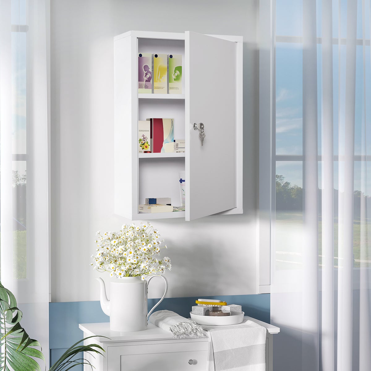 Kleankin Medicijnkastje, EHBO-kastje met slot, 3 compartimenten, staal, wit, 40 x 18 x 60 cm