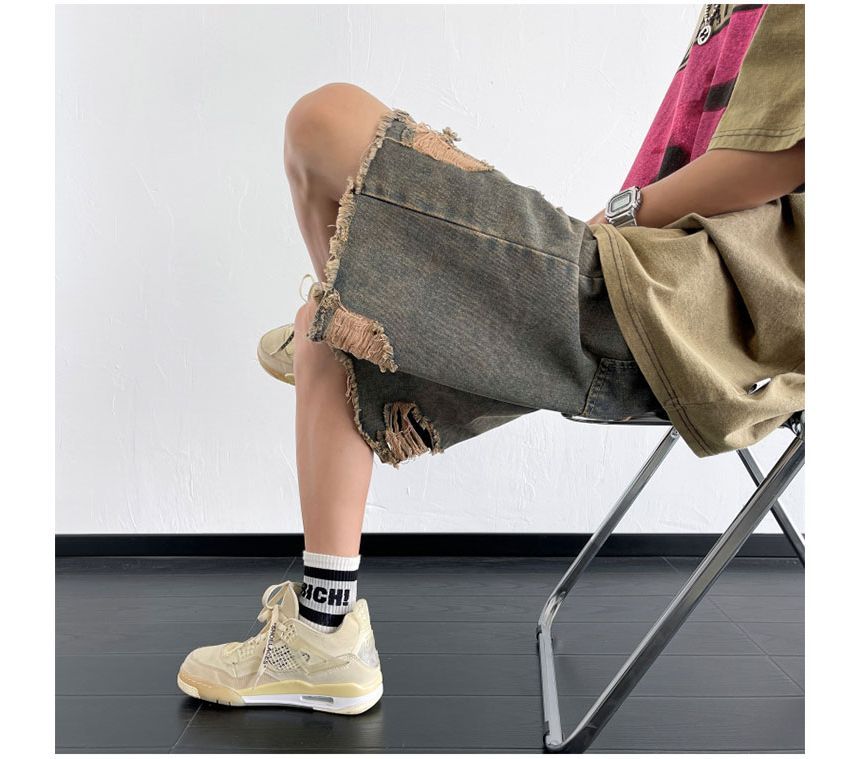 Whyessa - Gewassen, versleten denim shorts met wijde pijpen