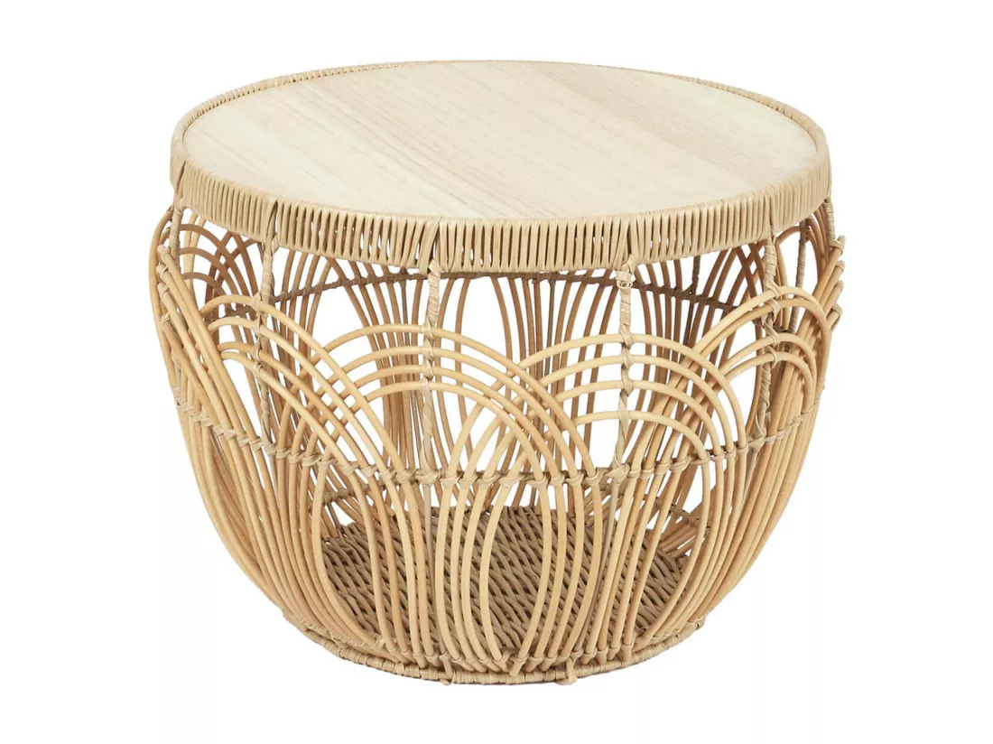 JAYA - Lot de 2 Tables en Rotin Synthétique et Plateau MDF Imitation Bambou