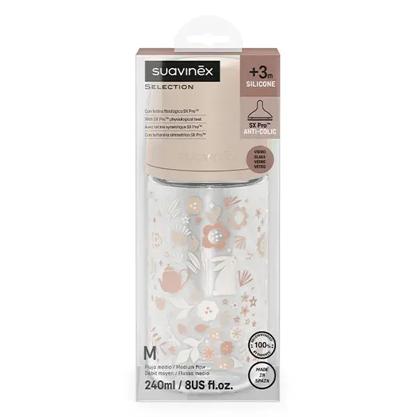 Mamadeira de vidro Suavinex Wonderland com bico SXPro M - Rosa Wonderland - 240ml