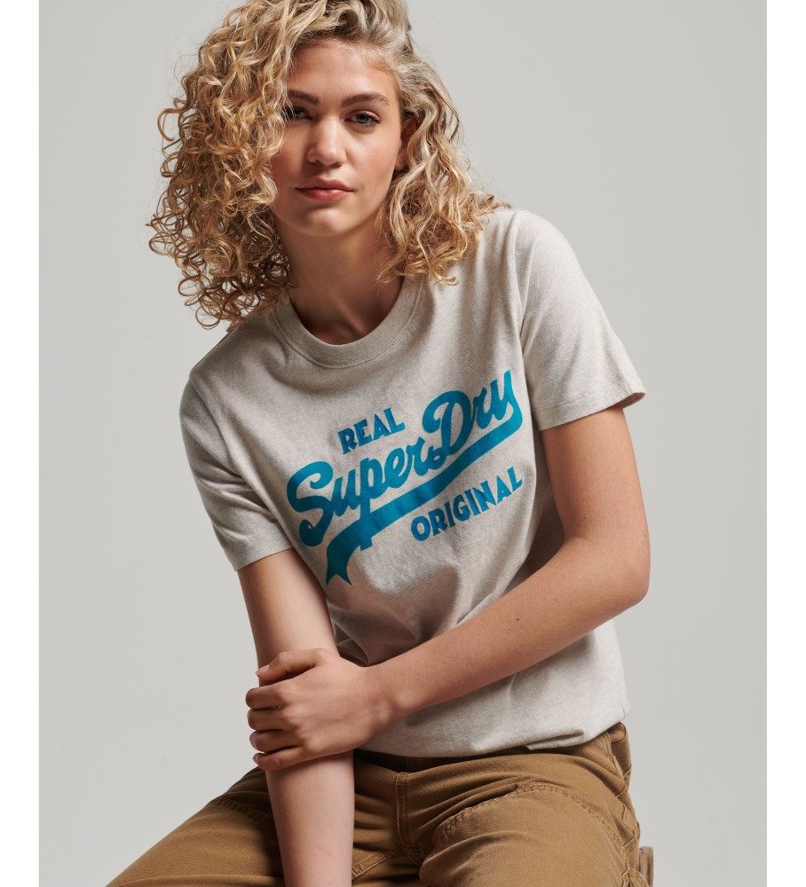 Camiseta Superdry de algodão orgânico com logo vintage em estilo script, marrom acinzentado
