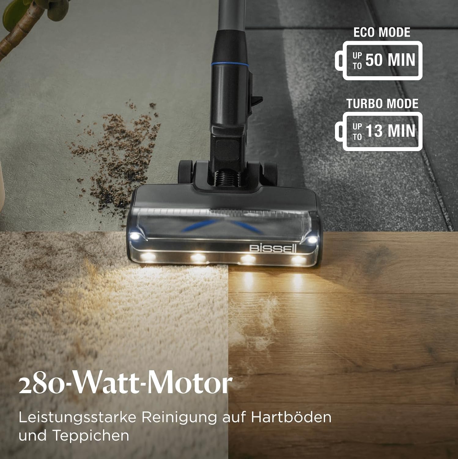 Bissell PowerClean FurGuard, Akku Staubsauger, 280W Motor, Selbstreinigende Bürstenrolle, FurFinder-Licht, Staubsauger Kabellos, Freistehend, HEPA-Filter, 2500 mAh Wechselakku, 50 min Laufzeit, 4091N