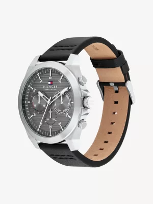 Relógio com pulseira de couro preta e mostrador cinza
