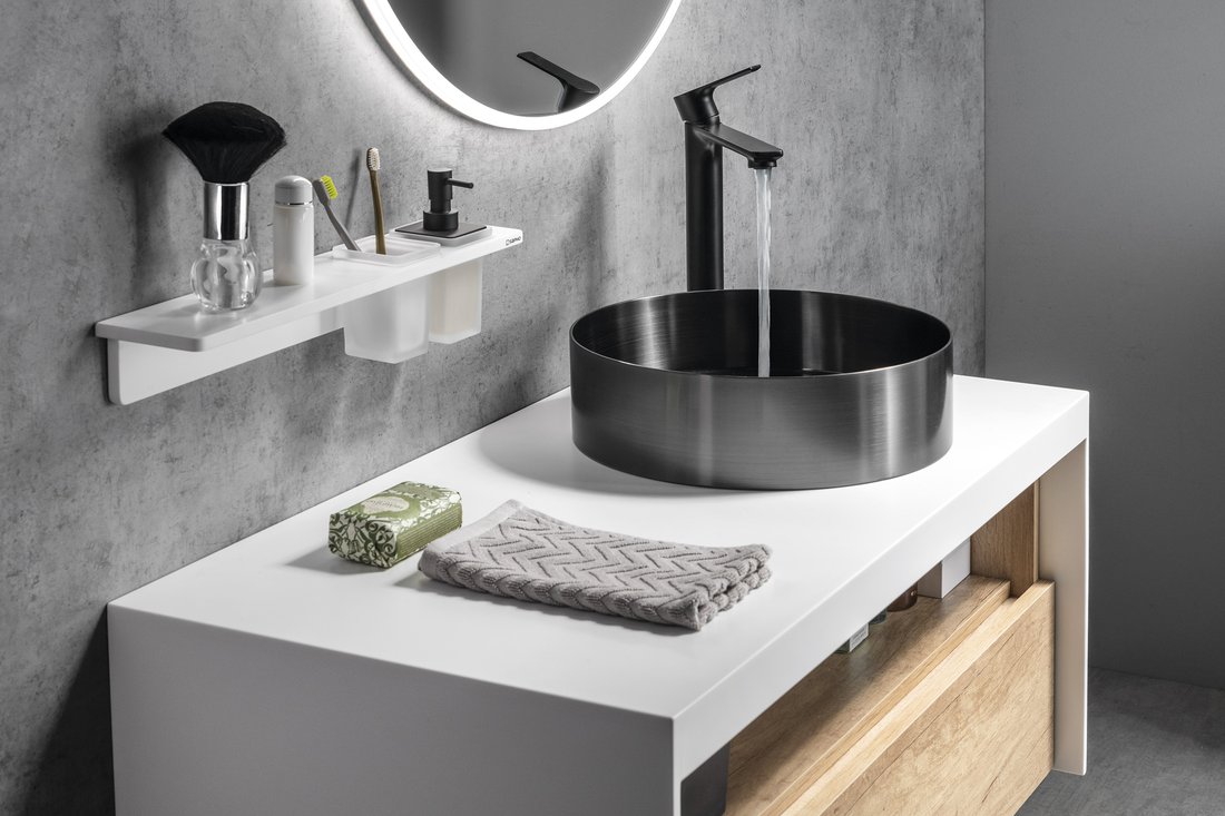 Sapho Abeline rockstone plank met glas en zwarte zeepdispenser 80cm wit