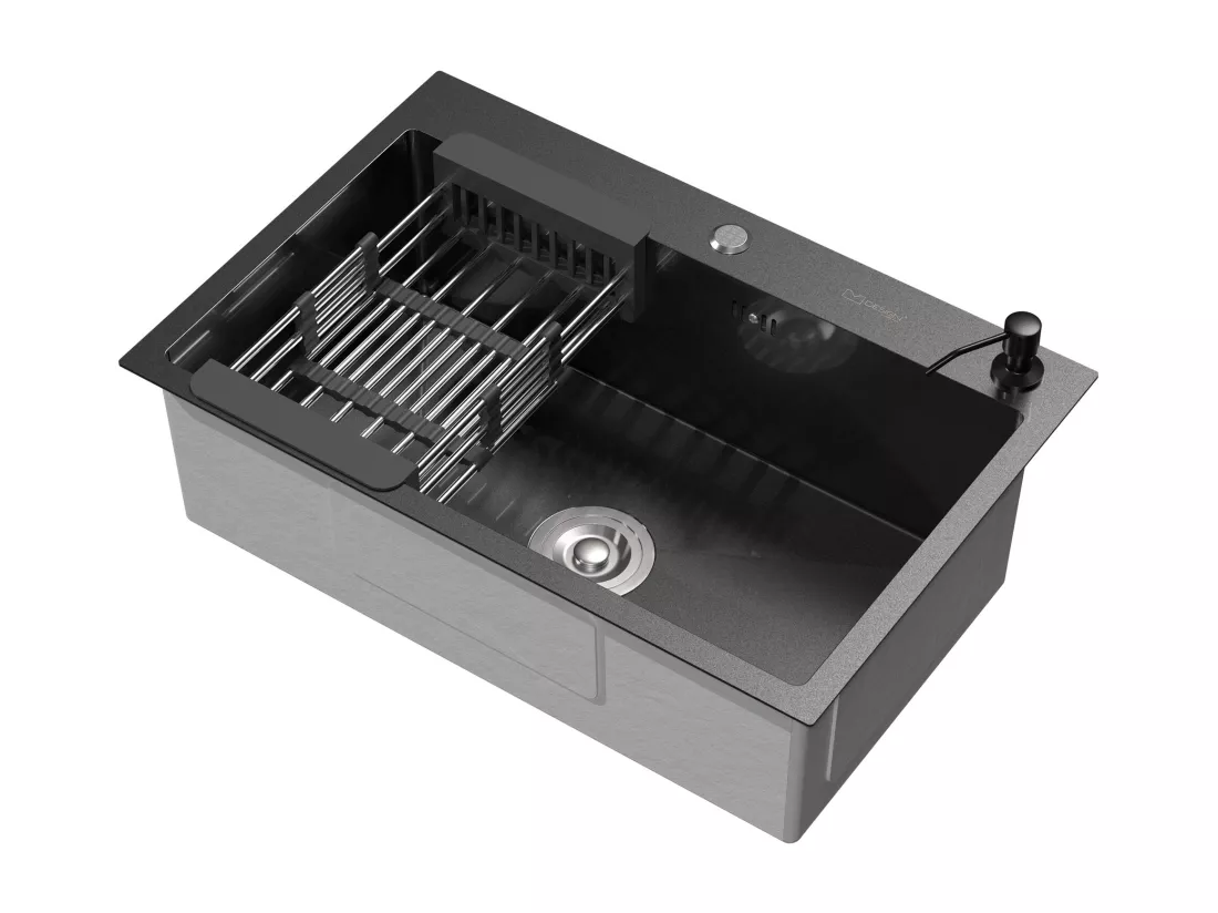 Évier à encastrer anthracite 68x45cm vidage distributeur savon+ panier-égouttoir