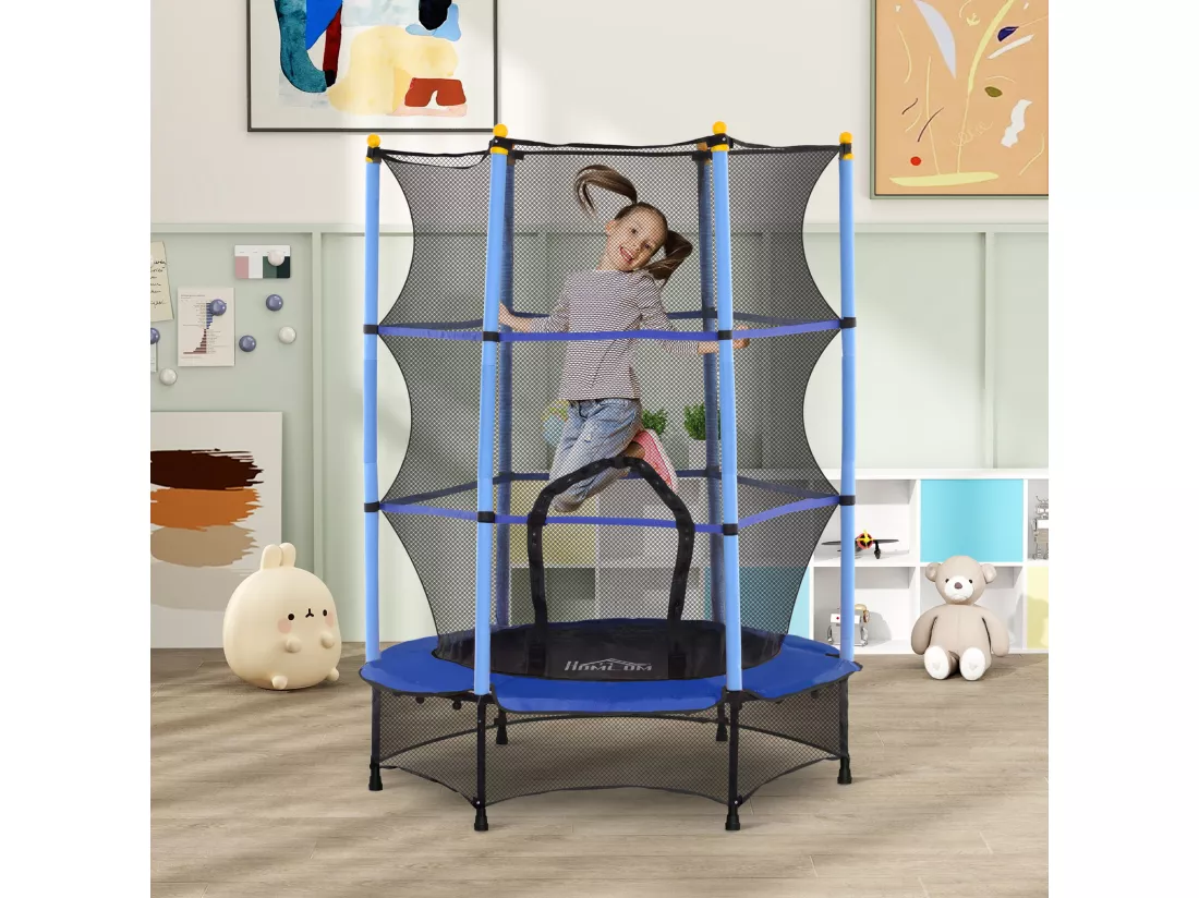 Trampoline de jardin enfants Ø 1,40 x 1,90H m filet de sécurité porte zipée couvre-ressorts + 6 poteaux rembourrés inclus bleu