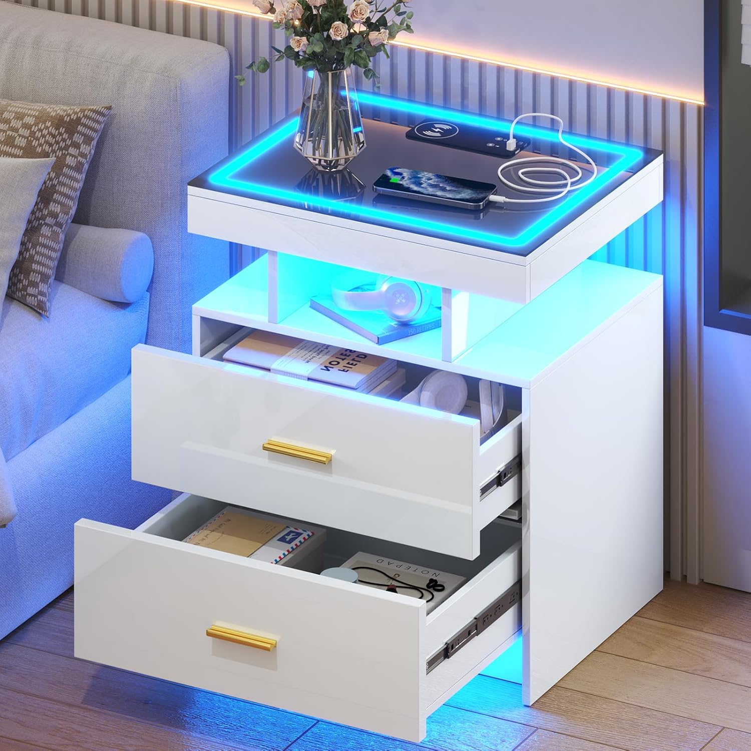 Lvifur LED Hochglanz Nachttisch mit 2 Schublade & LED-Beleuchtung,Nachtschrank mit Intelligent Ladestation,Bedside Table,Night Stand,Nachtkästchen für Schlafzimmer,Wohnzimmer