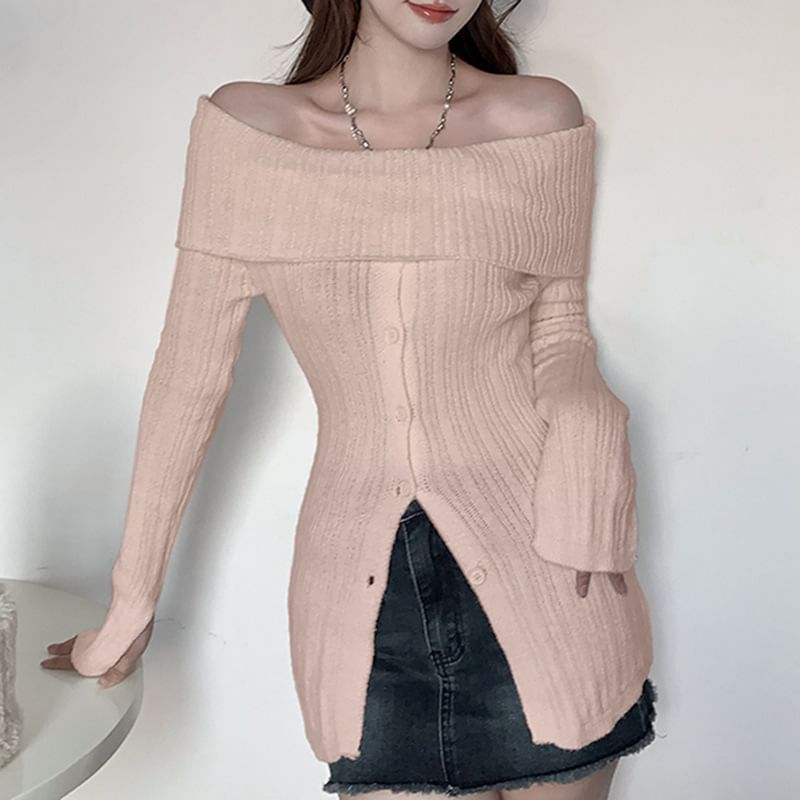 Sosana - Geribbelde trui met lange mouwen en off-shouldermotief