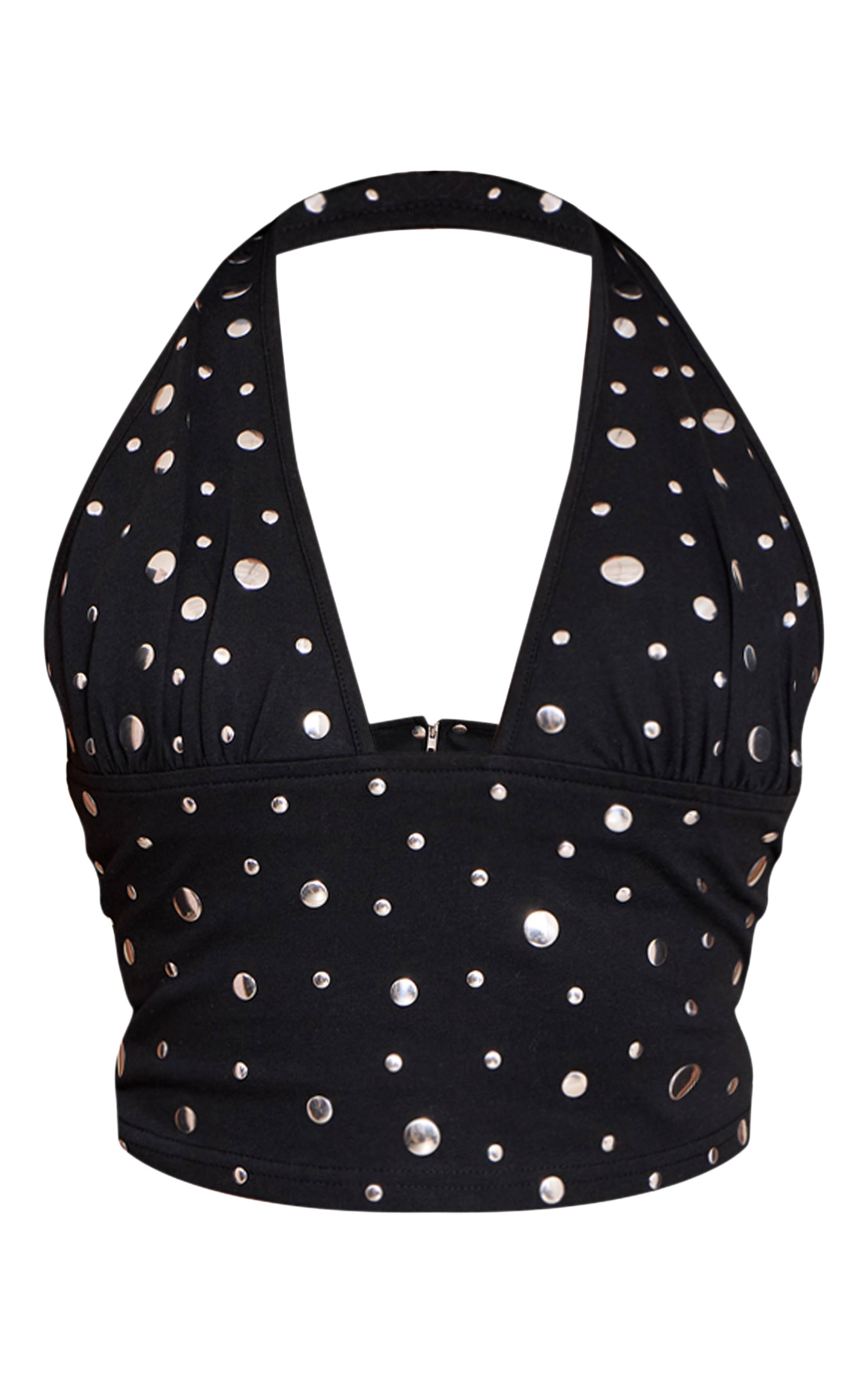 Noir Top Court Petite Col Licou Avec Détails Cloutés