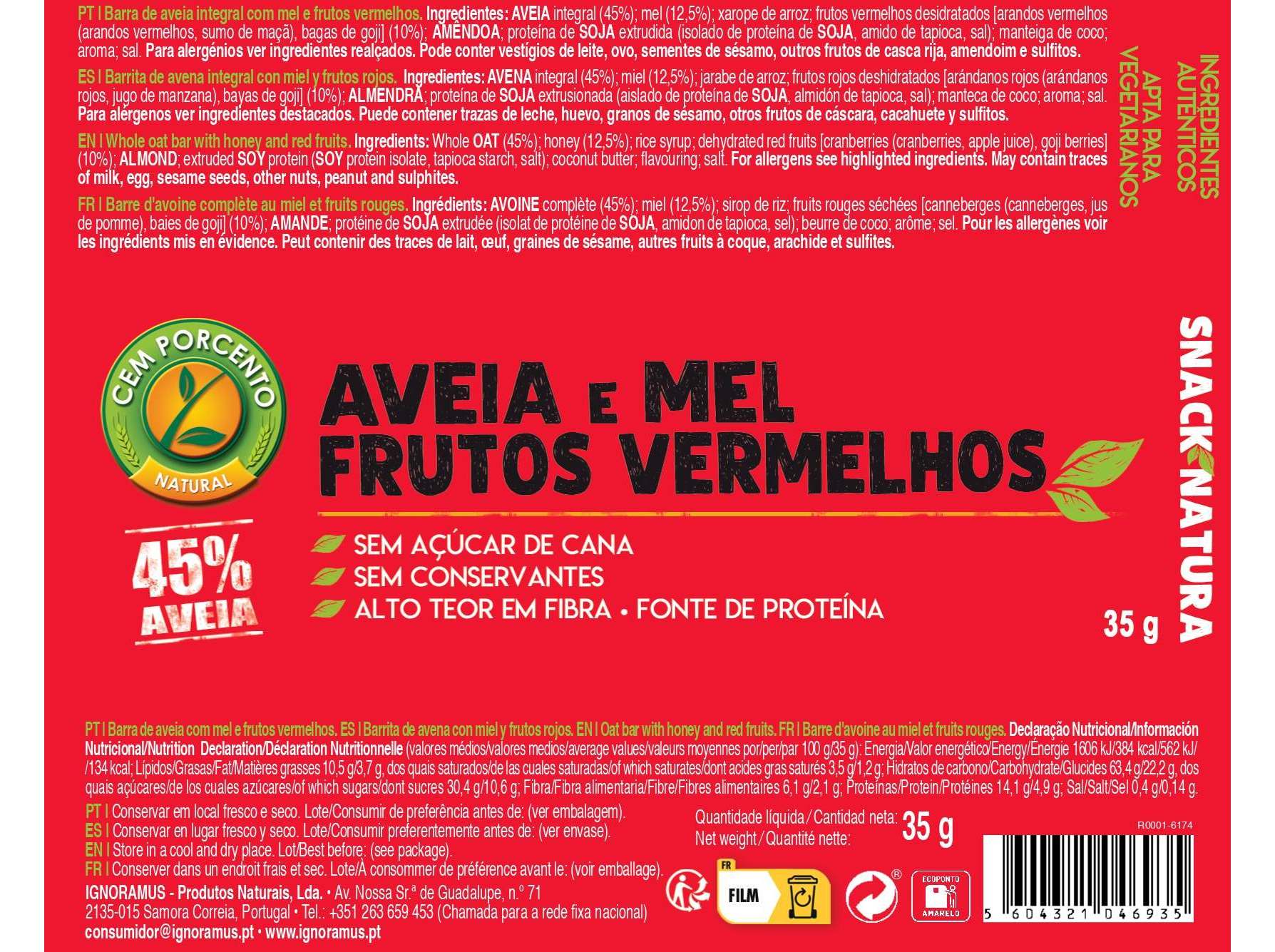 BARRAS CEREAIS CEM PORCENTO AVEIAMELFRUTOS VERM 35G