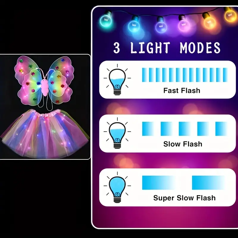 (4-tlg. Set) LED Fasnachts Kinder Kostüm Feen Verkleidung für Motto Partys mit Flügel / Zauberstab / Tüllrock (inkl. LR44 Batterien) - Blau