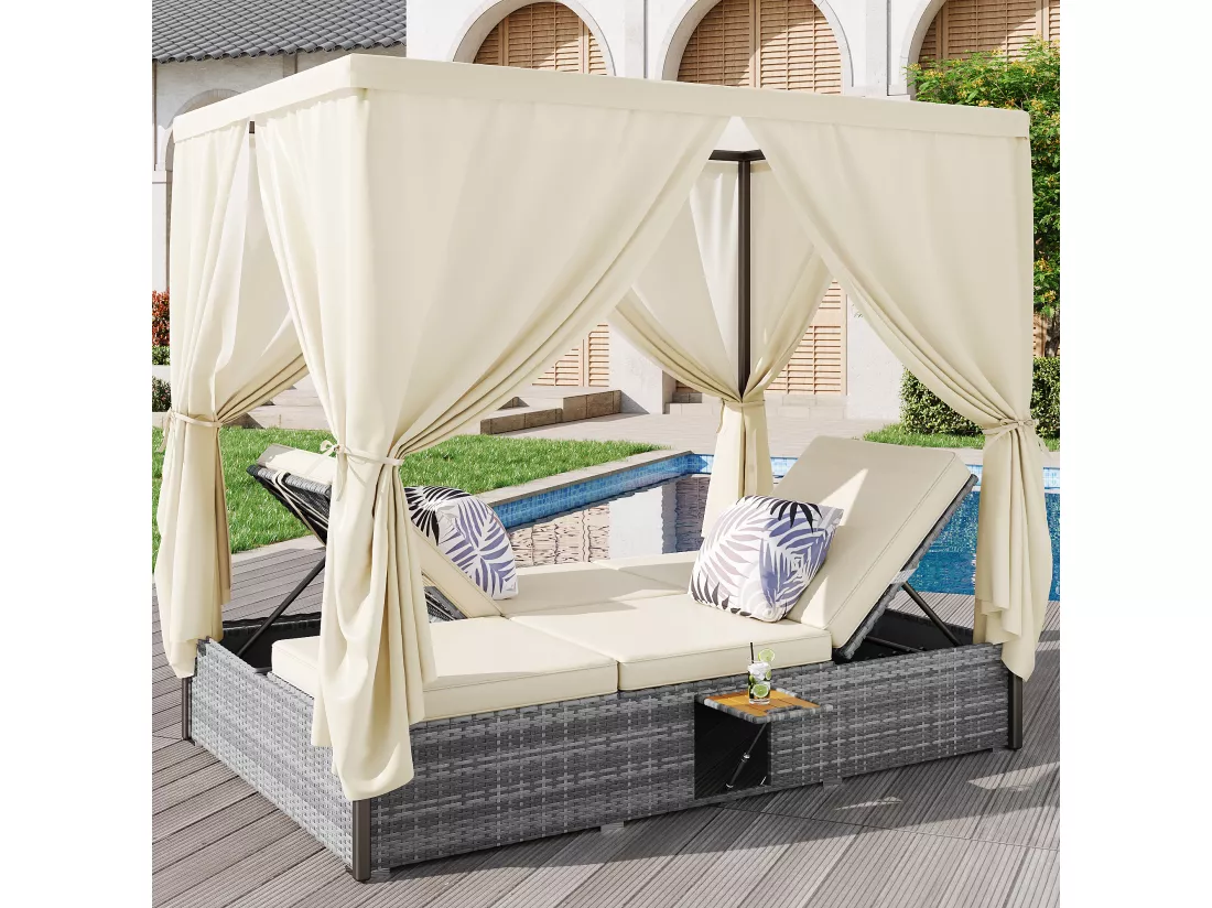 Chaise longue de jardin lit double - avec rideau d'ombrage - chaise longue en rotin - avec coussin et table pliante - gris