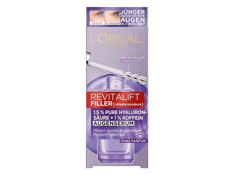 L'Oréal Paris Augenserum Revitalift Filler 20 ml Serum polstert Falten um die Augenpartie auf und reduziert dunkle Augenringe