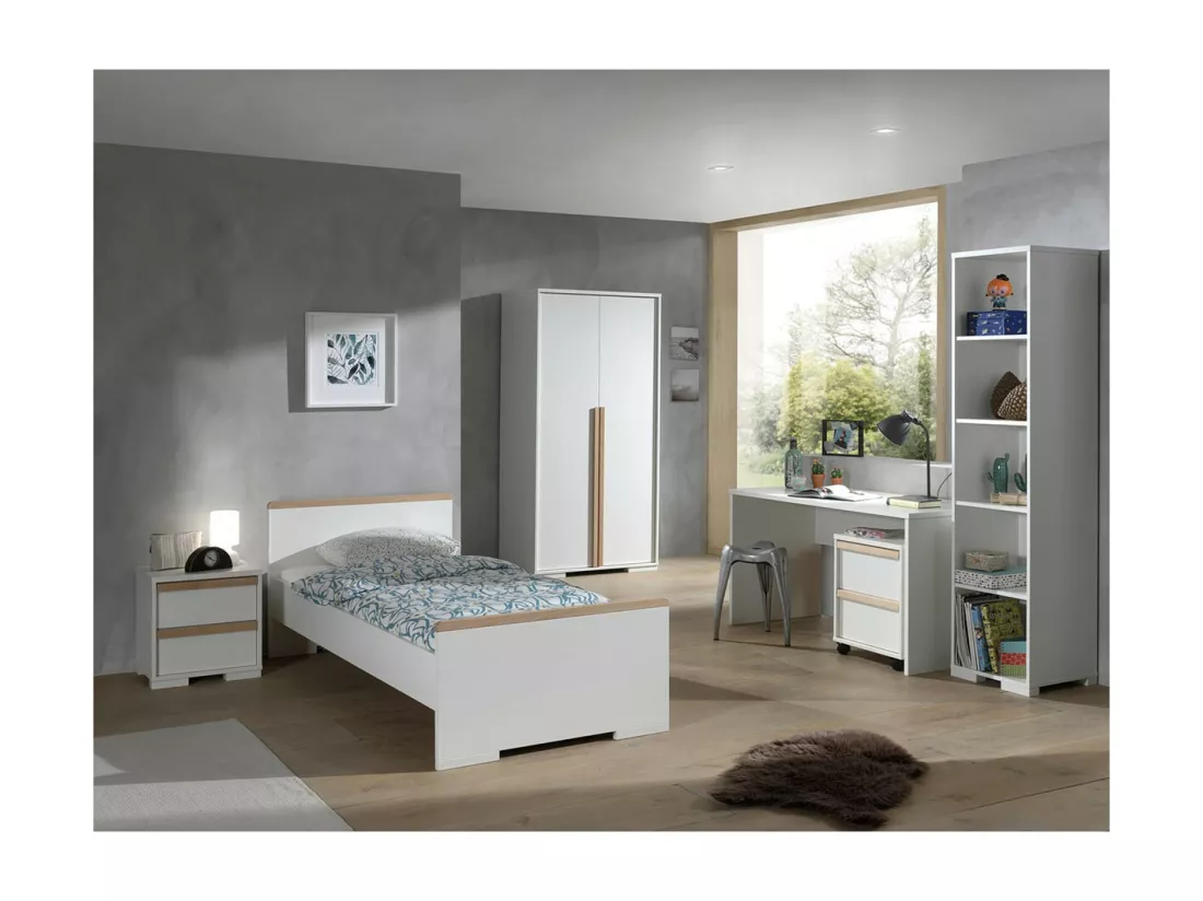NASH WHITE - Lit 90x200cm + Chevet + Armoire 2P + Pack Bureau