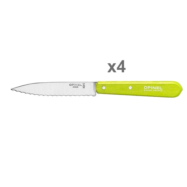 Set 4 couteaux office lames crantées inox 10 cm coloris pomme Opinel