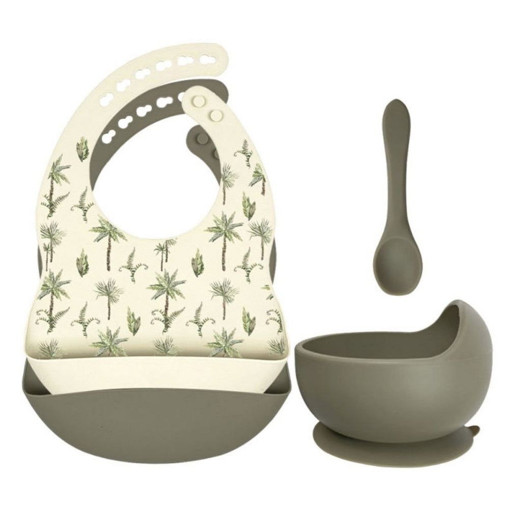 Set aus Silikon-Lätzchen + Schüssel mit Saugnapf und Löffel - Jungle Pflanzen