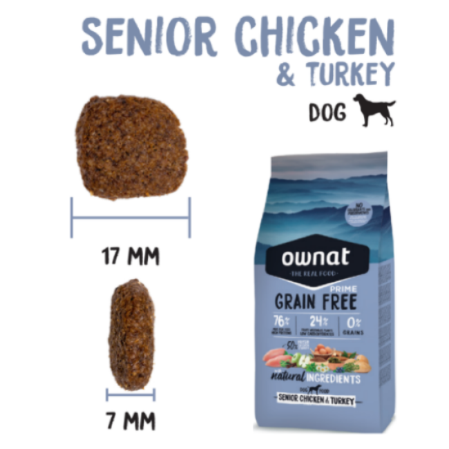 Croquettes Ownat Grain Free Prime Senior Poulet et Dinde sans céréales pour chien senior