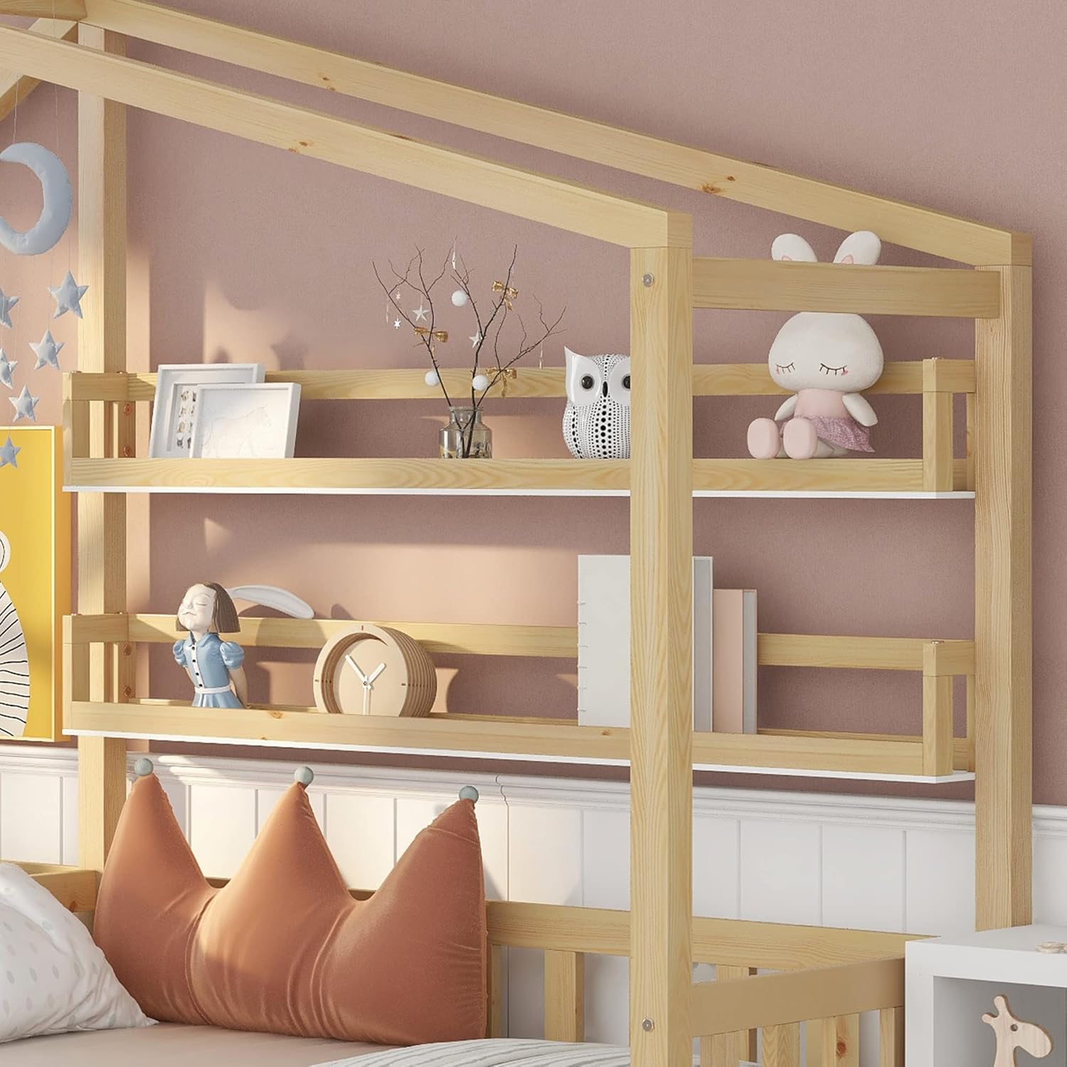 Lexiou Kinderbett Hausbett mit Schubladen und Regalen, Massivholz mit Zaun und Lattenrost, L-Struktur (Natur)