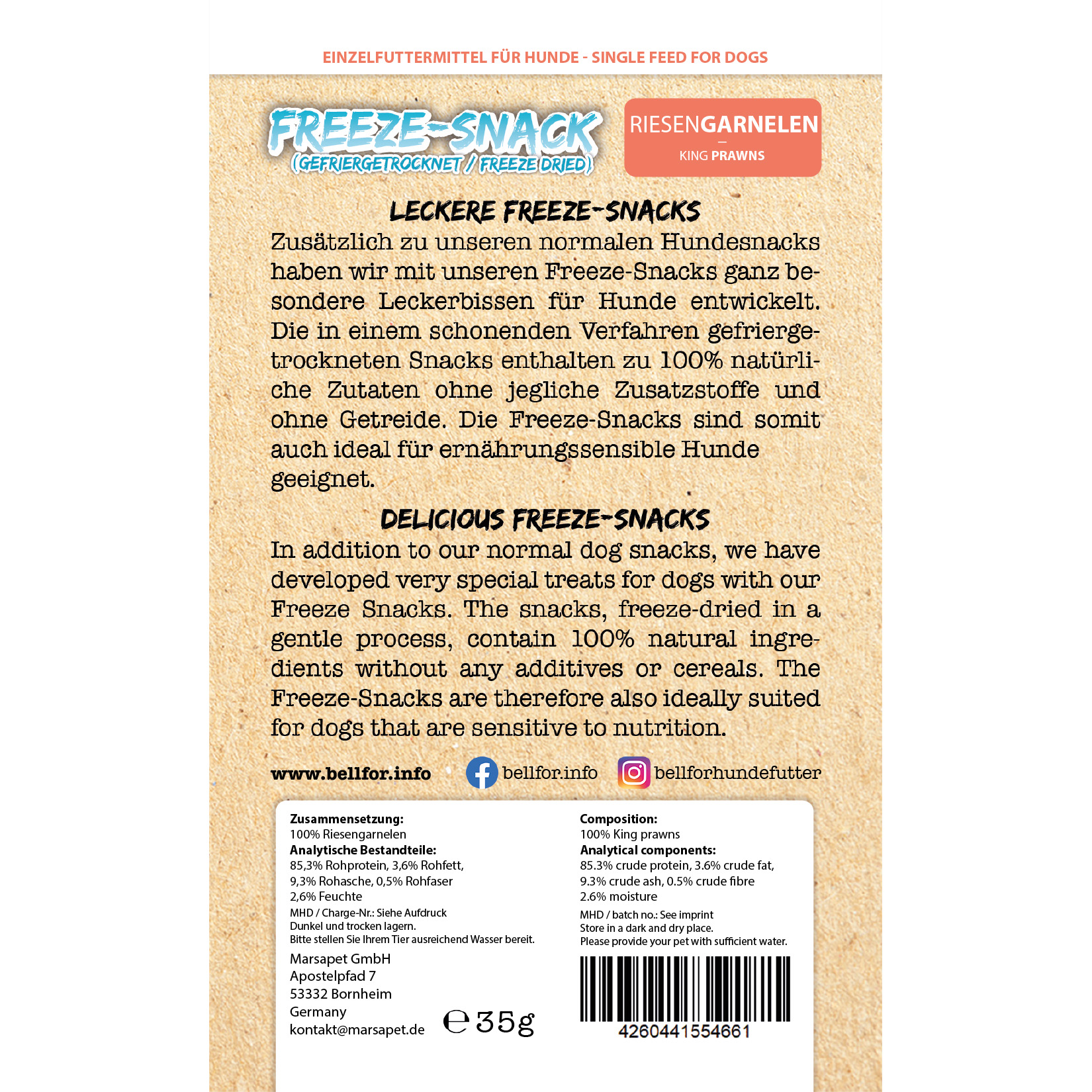 Friandise freeze pour chiens - crevettes géantes (lyophilisées) - 35g