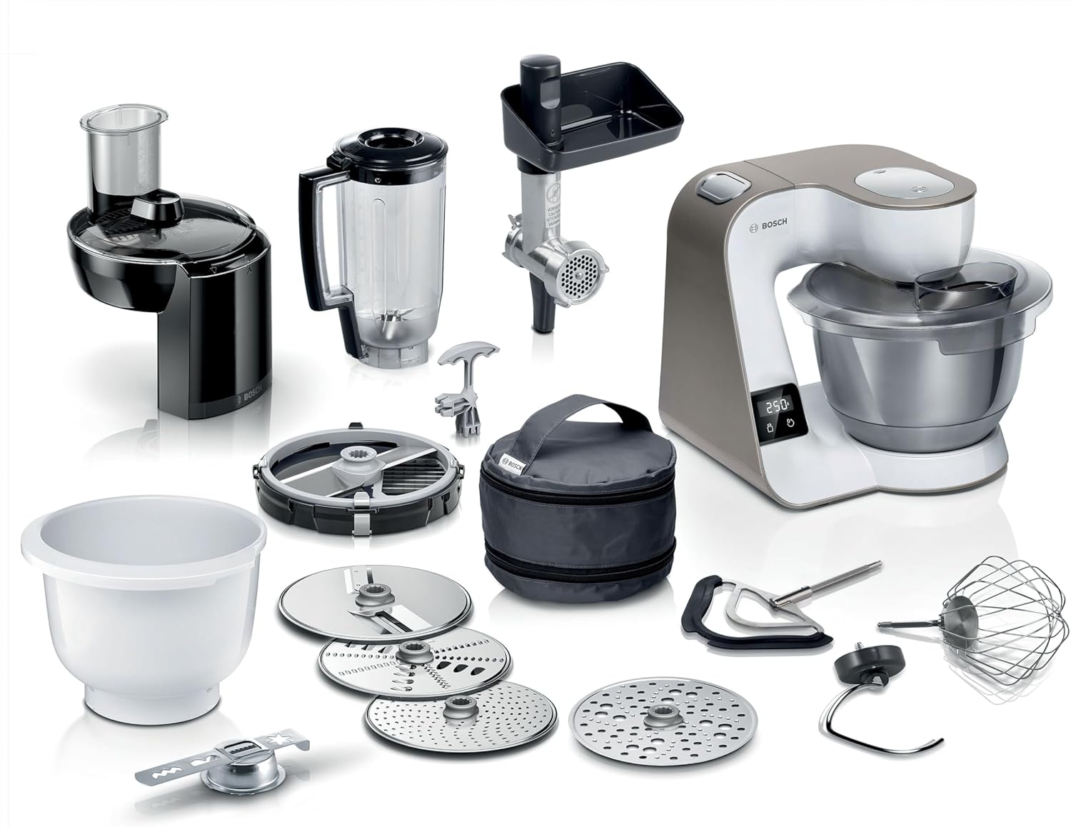 Bosch Küchenmaschine Serie 4 mit Waage, Edelstahl-Schüssel spülmaschinenfest, Mixer, Fleischwolf, Planetenrührwerk, Durchlaufschnitzler, 3 Scheiben, Würfelschneider, 1000 W, MUM5XL74