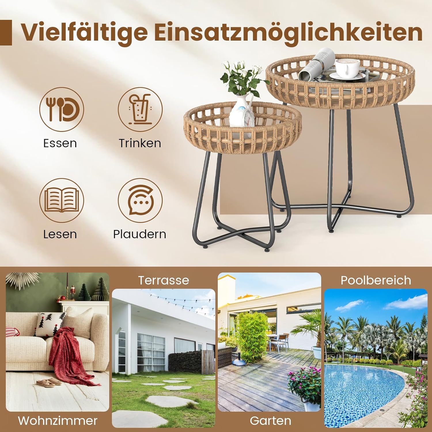 COSTWAY Beistelltisch rund 2er Set, Outdoor Rattan Gartentisch mit Metallrahmen und verstellbaren Füßen, Kleiner Balkontisch, Kaffeetisch für Balkon, Garten, Terrasse, Wohnzimmer CE4817391
