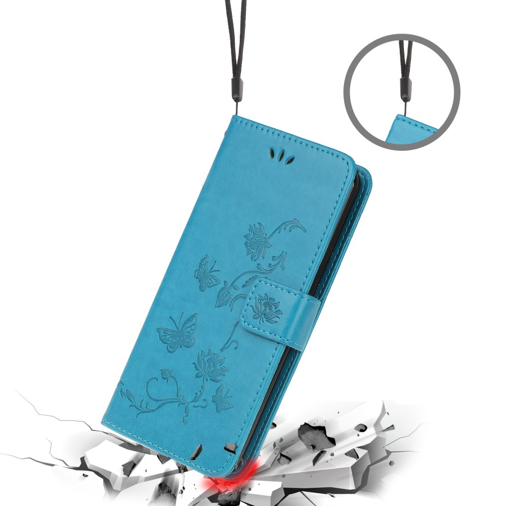 iPhone 12 / iPhone 12 Pro Leder Tasche Flip Cover Schmetterlinge und Blumen - Blau