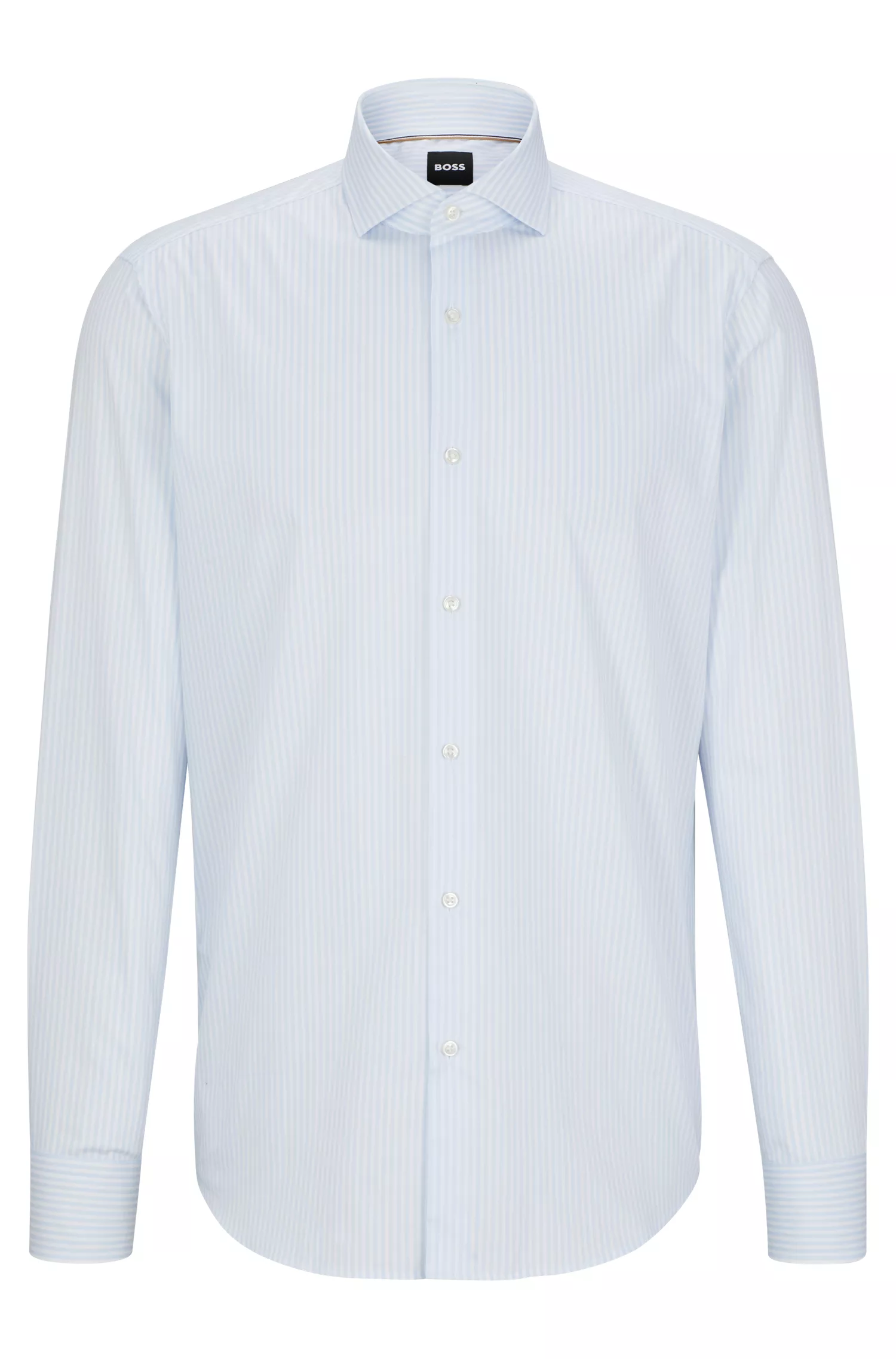 Camisa BOSS preta de corte regular em algodão listrado.