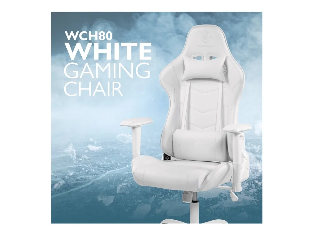 DELTACO GAMING GAM-096 - Spillestol - ergonomisk - høj ryg - armstøtter - T-formet - vippe - drejeled - aluminiumsramme, PU-behandlet læder - hvid