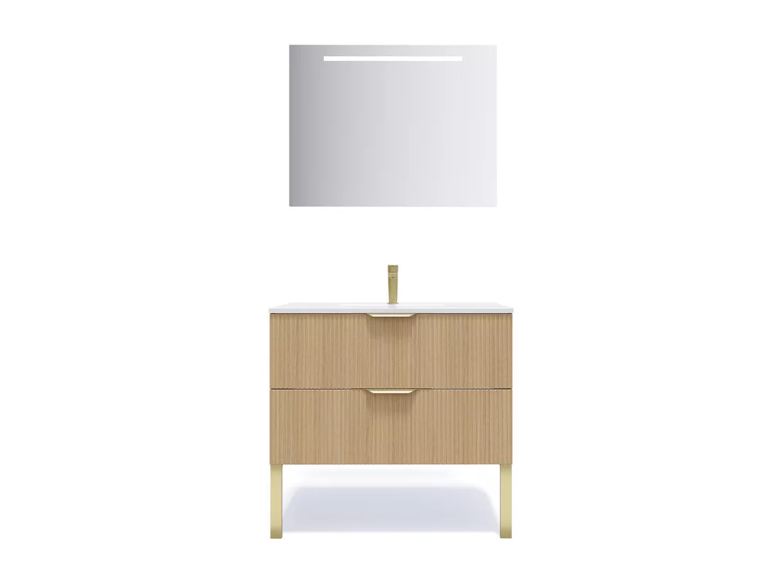 Meuble de salle de bain suspendu vasque intégrée 90cm 2 tiroirs Chêne cannelé + miroir - Venice