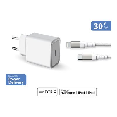 Force Power Lite - Chargeur secteur 100% recyclé + câble1 USB-C vers Lightning -1,2M - blanc